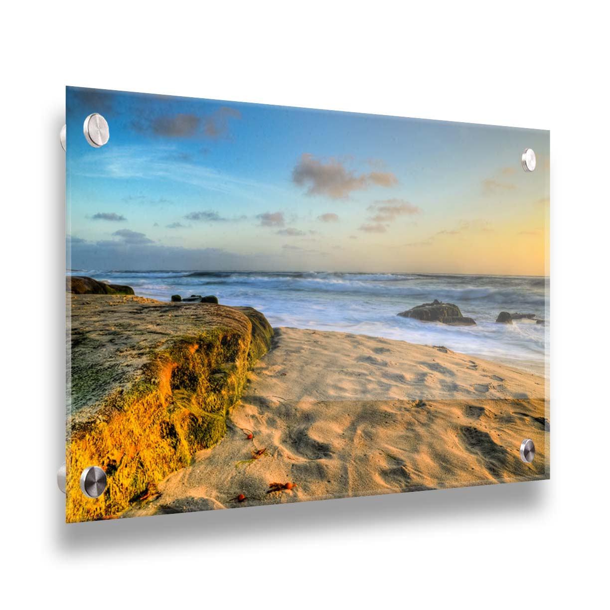 A photo of the Windansea beach at sunset. Printed on acrylic.