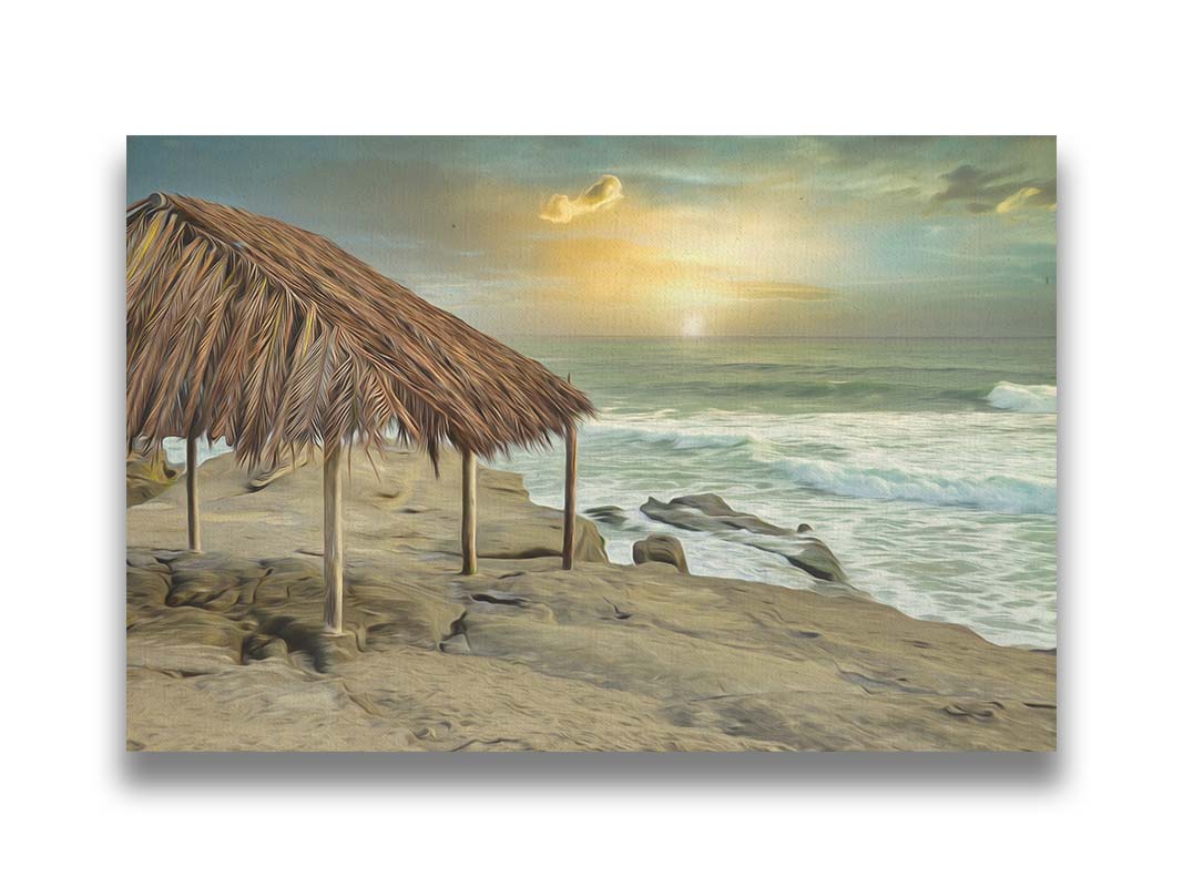 A photo of the palapa at Windansea beach, sitting on a rock in the fading sunshine. It is edited to have a painterly quality. Printed on canvas.