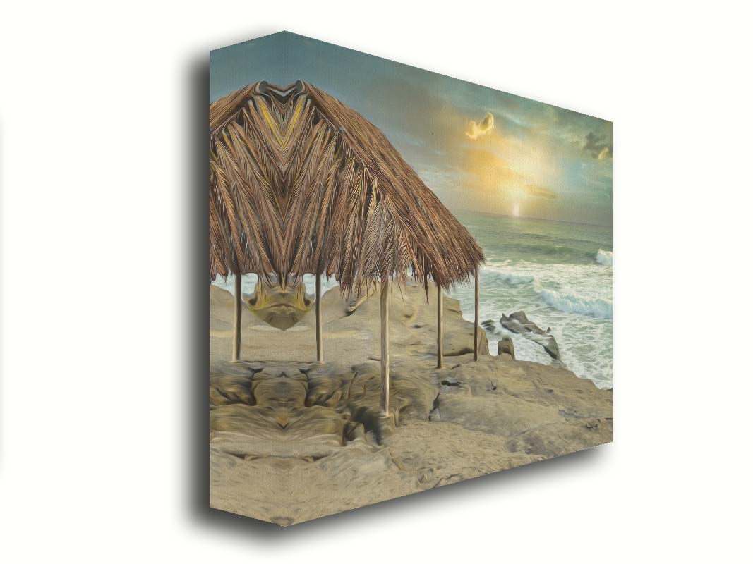 A photo of the palapa at Windansea beach, sitting on a rock in the fading sunshine. It is edited to have a painterly quality. Printed on canvas.