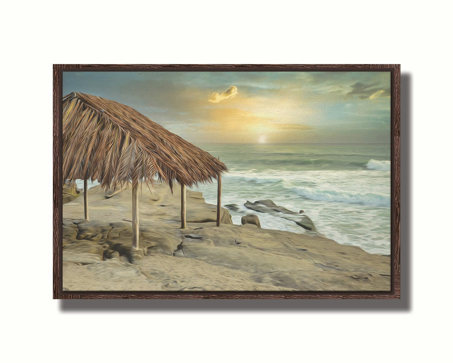 A photo of the palapa at Windansea beach, sitting on a rock in the fading sunshine. It is edited to have a painterly quality. Printed on canvas in a float frame.