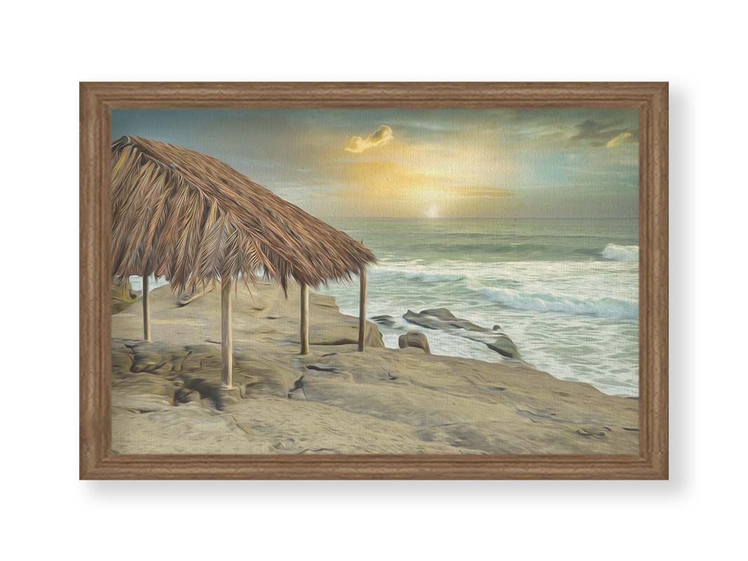 A photo of the palapa at Windansea beach, sitting on a rock in the fading sunshine. It is edited to have a painterly quality. Printed on canvas and framed.