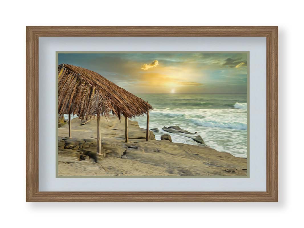 A photo of the palapa at Windansea beach, sitting on a rock in the fading sunshine. It is edited to have a painterly quality. Printed on paper, matted, and framed.