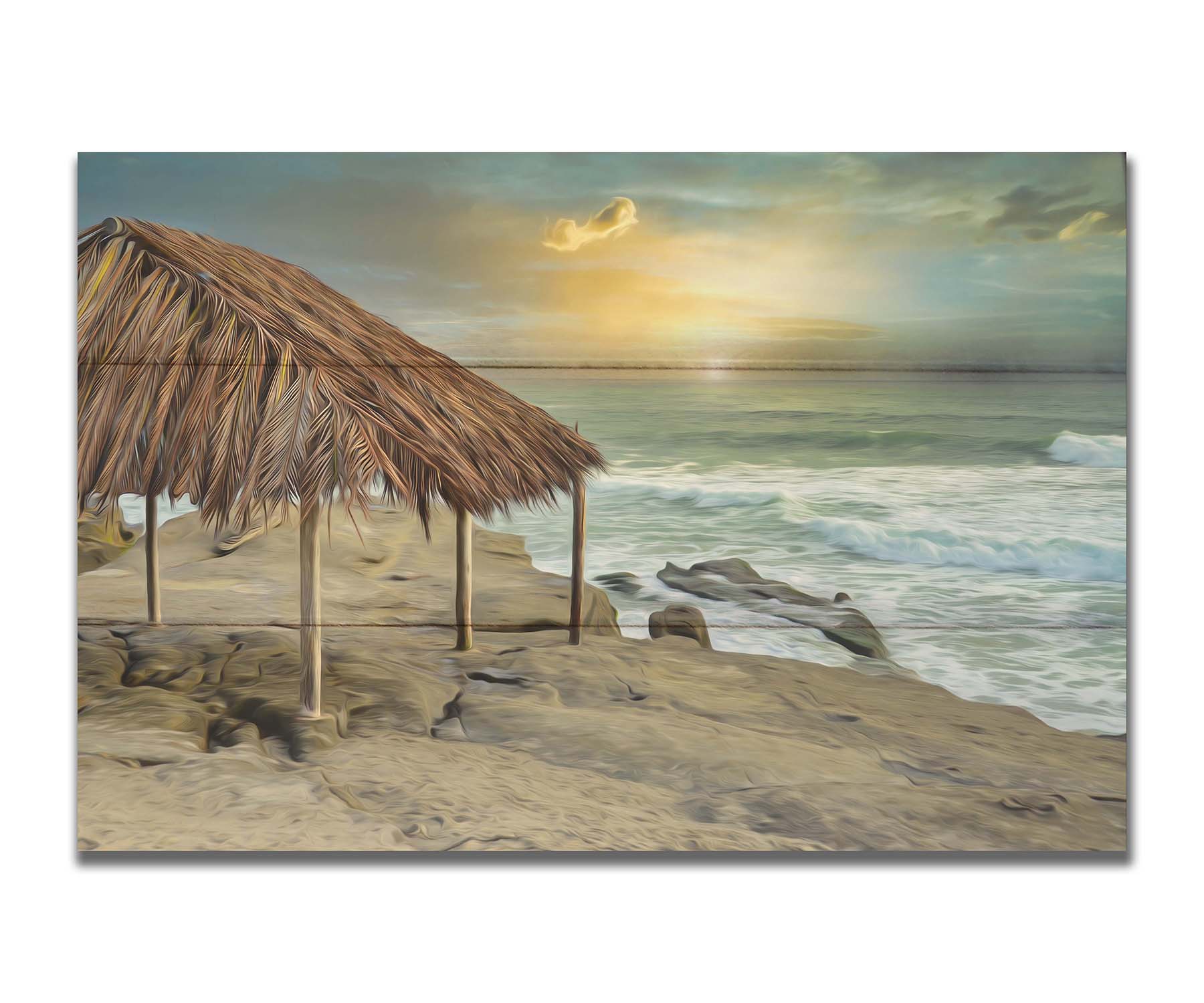 A photo of the palapa at Windansea beach, sitting on a rock in the fading sunshine. It is edited to have a painterly quality. Printed on a box board.