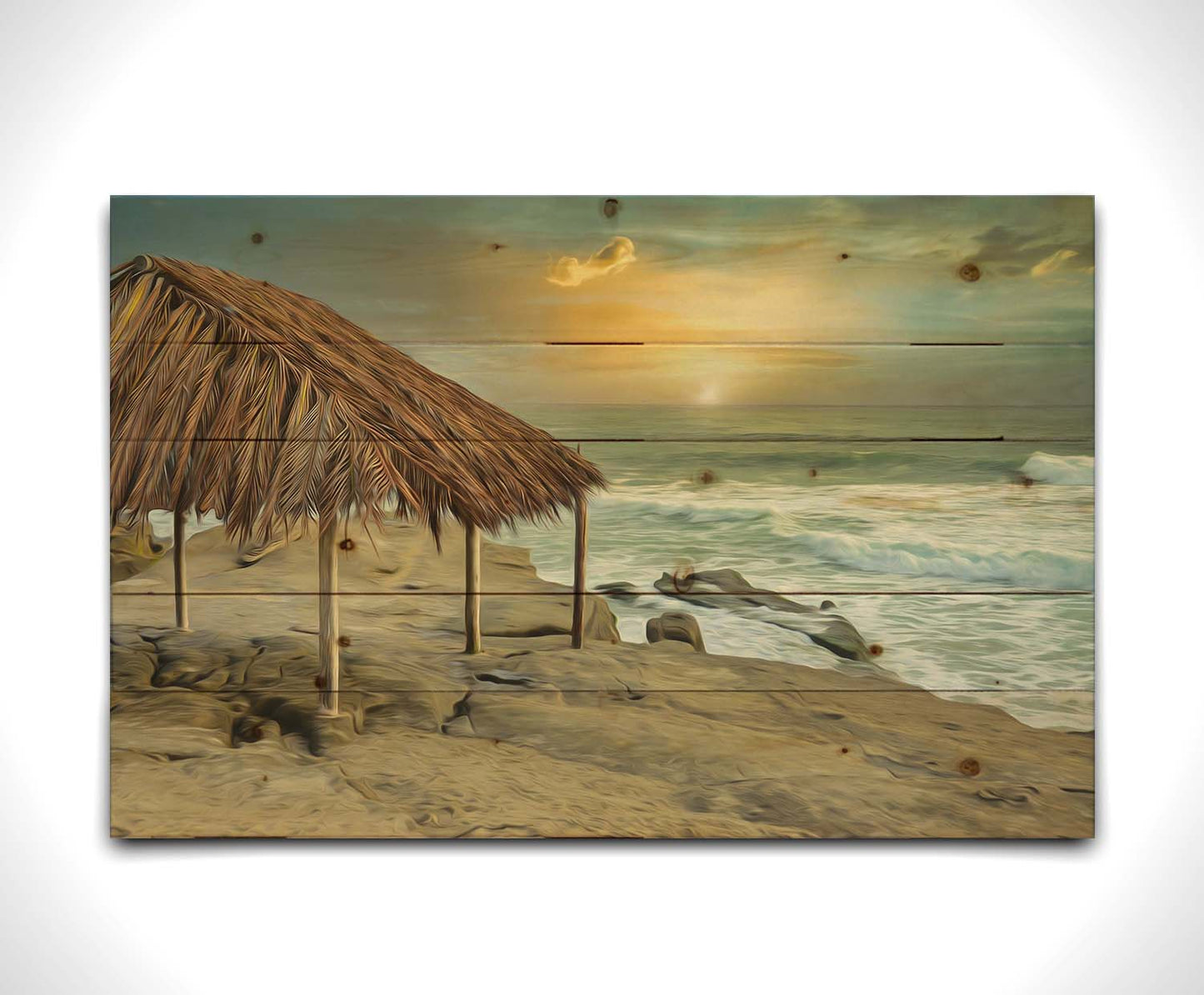 A photo of the palapa at Windansea beach, sitting on a rock in the fading sunshine. It is edited to have a painterly quality. Printed on a wood pallet.