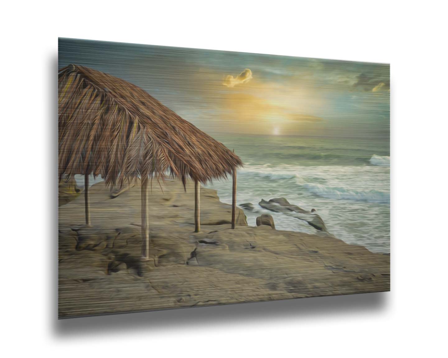 A photo of the palapa at Windansea beach, sitting on a rock in the fading sunshine. It is edited to have a painterly quality. Printed on metal.