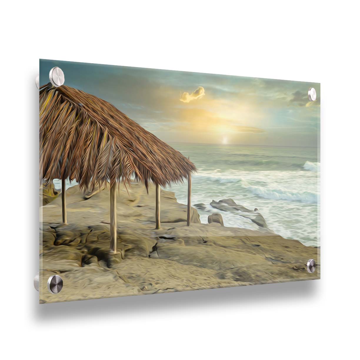 A photo of the palapa at Windansea beach, sitting on a rock in the fading sunshine. It is edited to have a painterly quality. Printed on acrylic.