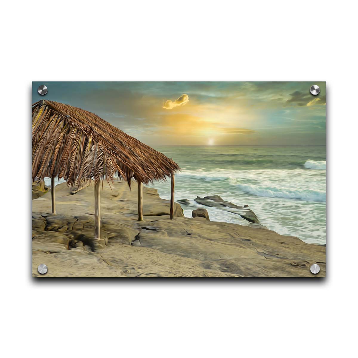 A photo of the palapa at Windansea beach, sitting on a rock in the fading sunshine. It is edited to have a painterly quality. Printed on acrylic.