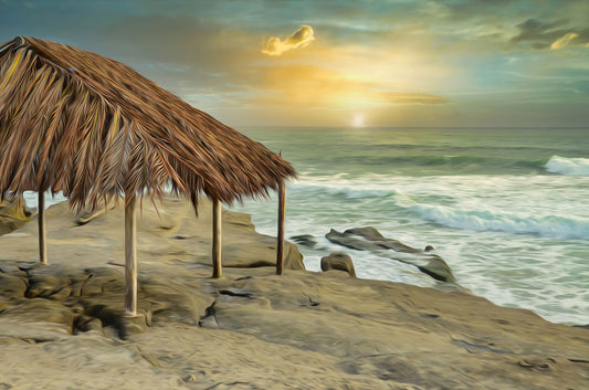 A photo of the palapa at Windansea beach, sitting on a rock in the fading sunshine. It is edited to have a painterly quality. 