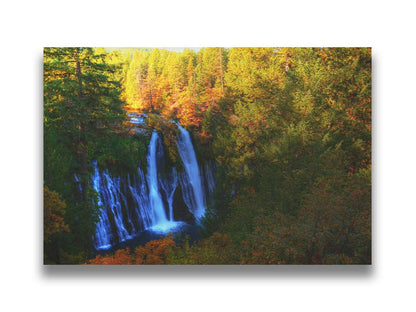 A photograph of Burney Falls in California. Taken from above and away from the falls, the photo gives a full view of the water pouring down the cliff face. The surrounding forest is beginning to turn orange for autumn. Printed on canvas.