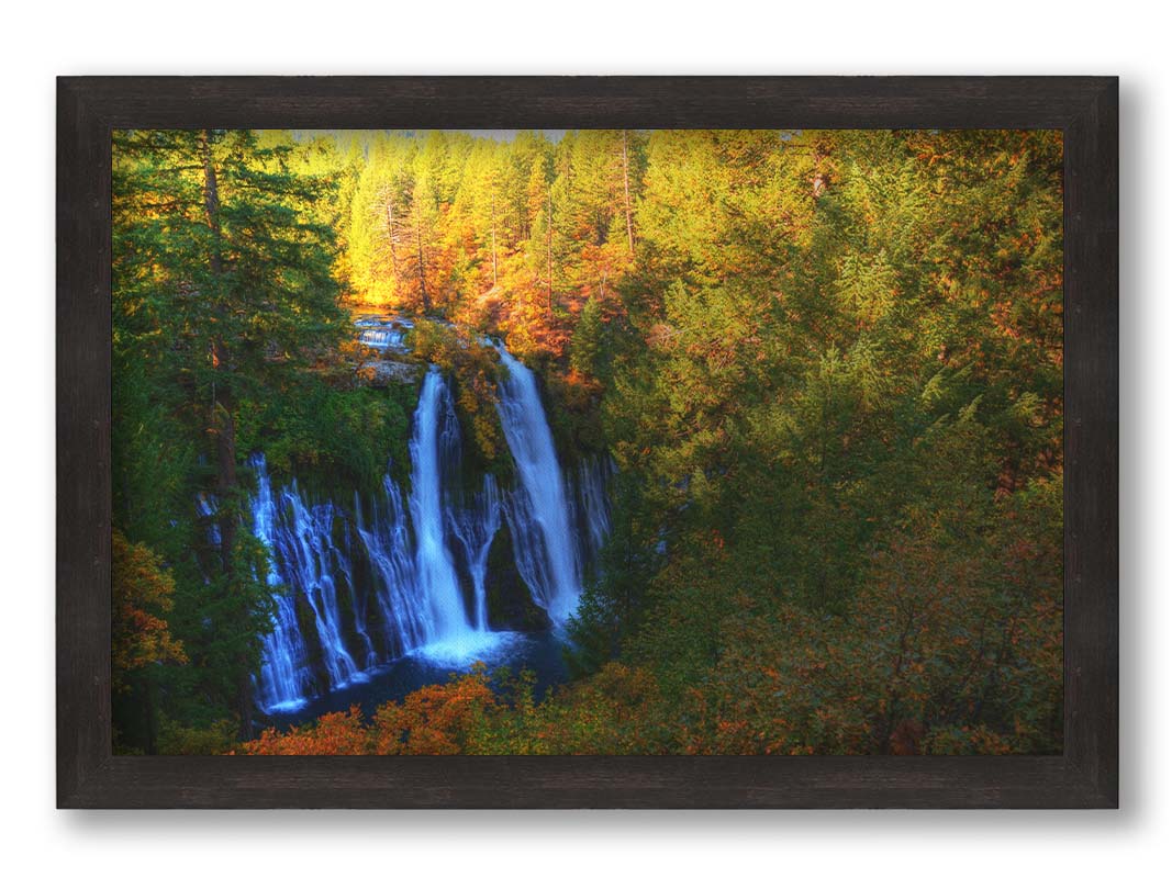 A photograph of Burney Falls in California. Taken from above and away from the falls, the photo gives a full view of the water pouring down the cliff face. The surrounding forest is beginning to turn orange for autumn. Printed on canvas and framed.