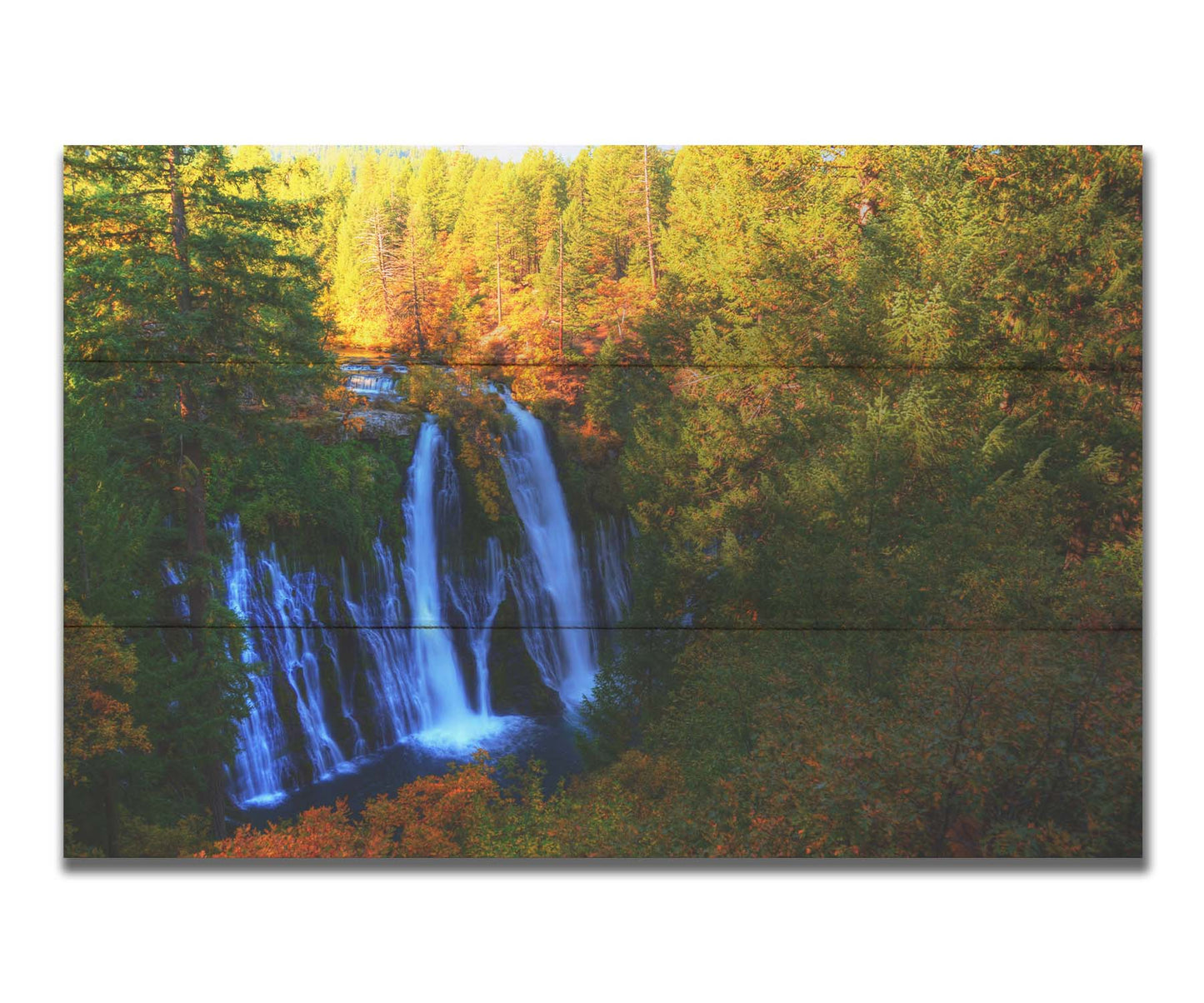 A photograph of Burney Falls in California. Taken from above and away from the falls, the photo gives a full view of the water pouring down the cliff face. The surrounding forest is beginning to turn orange for autumn. Printed on a box board.