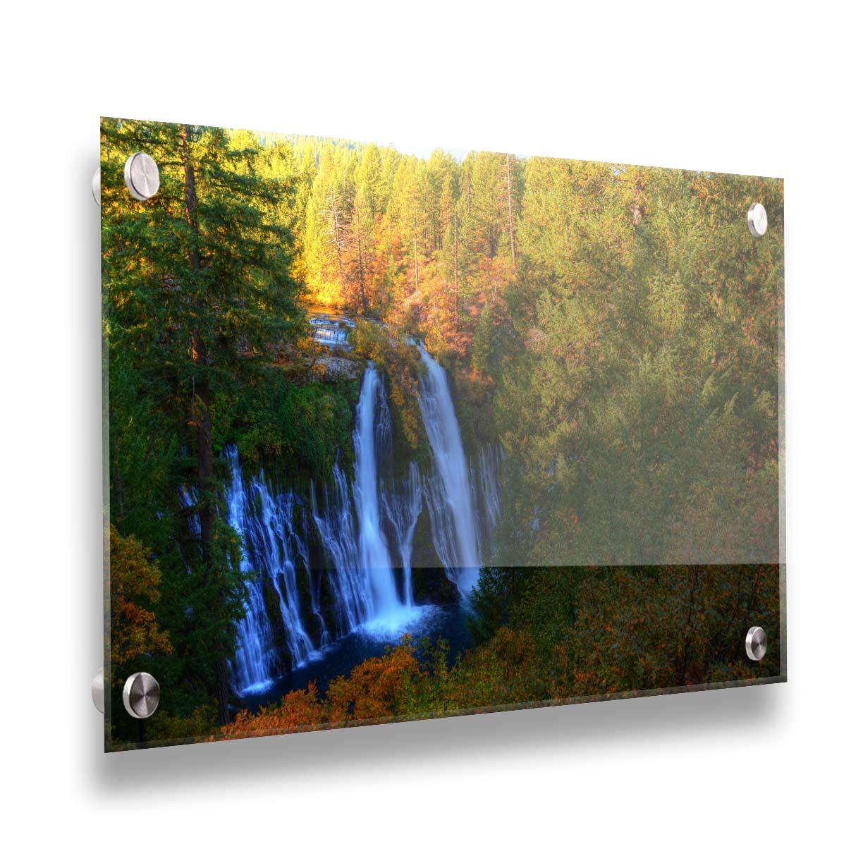 A photograph of Burney Falls in California. Taken from above and away from the falls, the photo gives a full view of the water pouring down the cliff face. The surrounding forest is beginning to turn orange for autumn. Printed on acrylic.