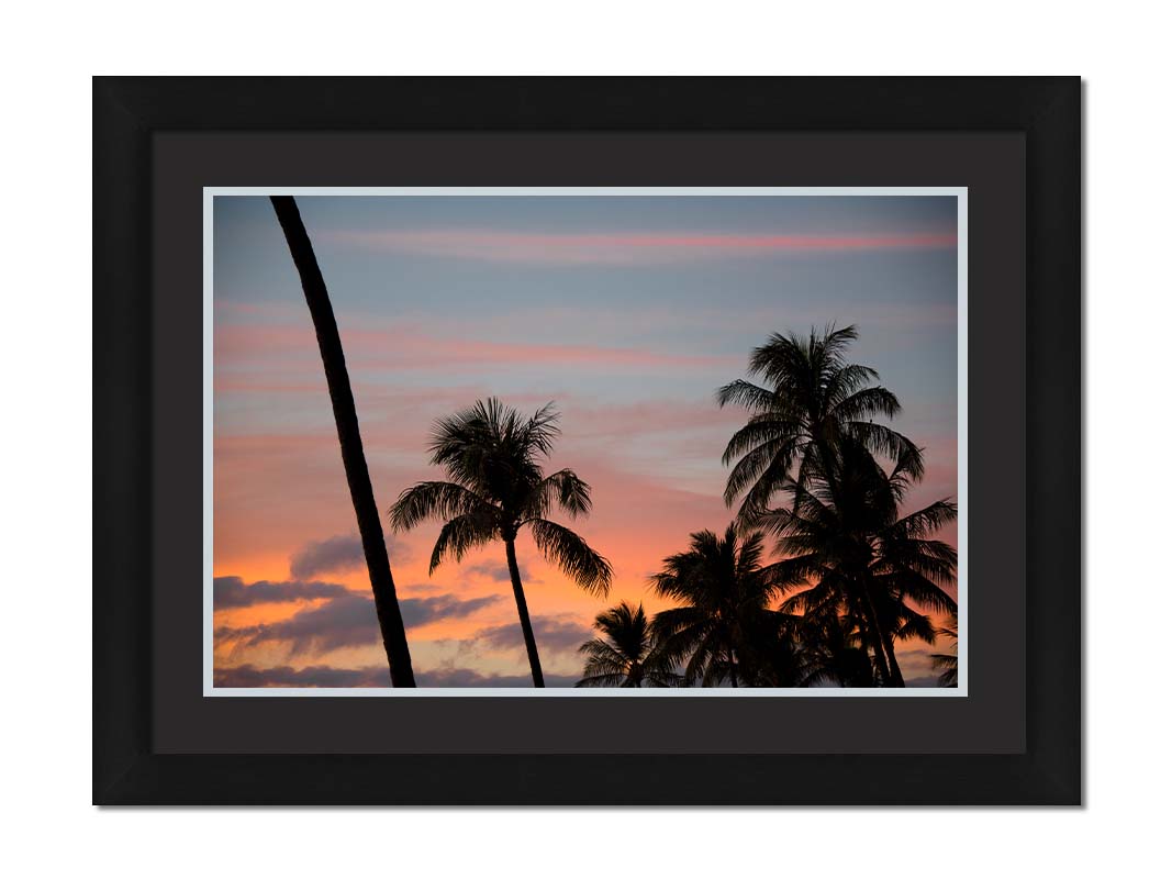 A photograph of Hawaiʻian palm trees, sihouetted against a sunset sky in orange, pink, and blue. Printed on paper, matted, and framed.