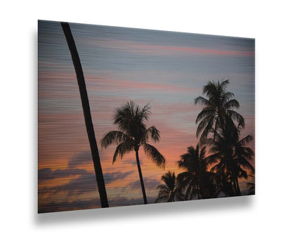 A photograph of Hawaiʻian palm trees, sihouetted against a sunset sky in orange, pink, and blue. Printed on metal.