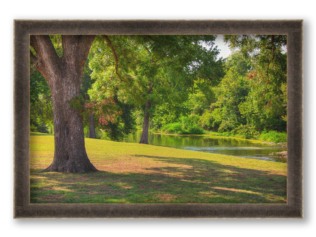 A photograph of a portion of the Comal River through New Braunfels, Texas. Short trimmed grass and park trees line the bank. Printed on canvas and framed.