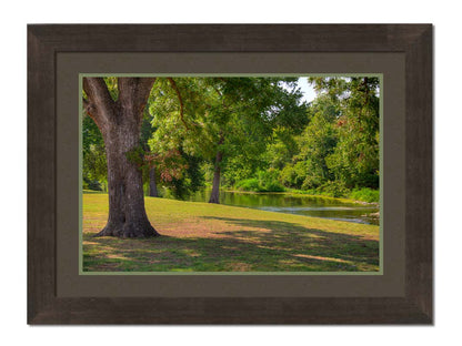 A photograph of a portion of the Comal River through New Braunfels, Texas. Short trimmed grass and park trees line the bank. Printed on paper, matted, and framed.