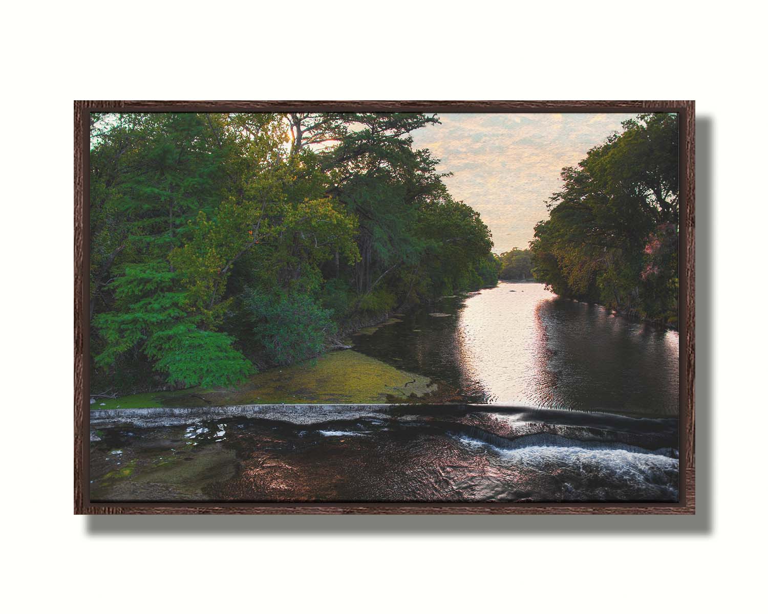 A photograph of the Comal River in New Braunfels, Texas. Printed on canvas in a float frame.