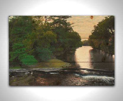 A photograph of the Comal River in New Braunfels, Texas. Printed on a wood pallet.