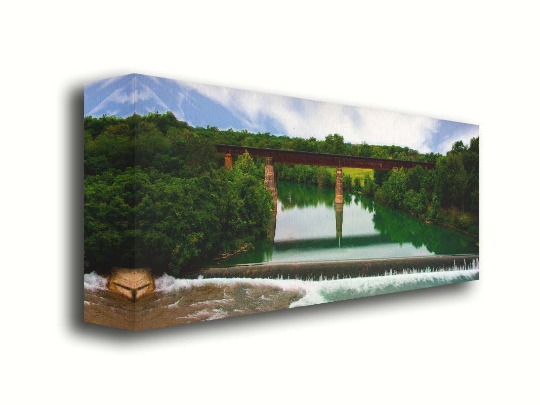 A panoramic photograph of the Faust Street Bridge in Texas, one of the largest remaining 19th century bridges by the King Bridge Company. Printed on canvas.