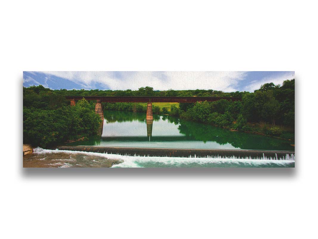 A panoramic photograph of the Faust Street Bridge in Texas, one of the largest remaining 19th century bridges by the King Bridge Company. Printed on canvas.