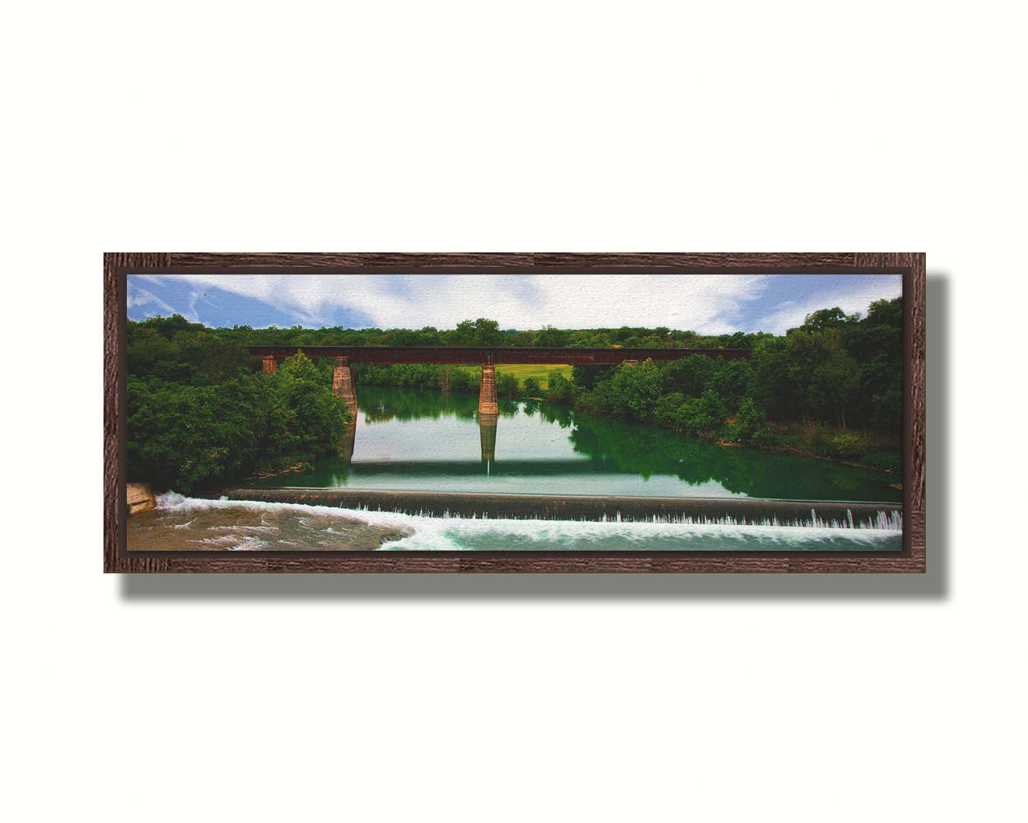 A panoramic photograph of the Faust Street Bridge in Texas, one of the largest remaining 19th century bridges by the King Bridge Company. Printed on canvas in a float frame.