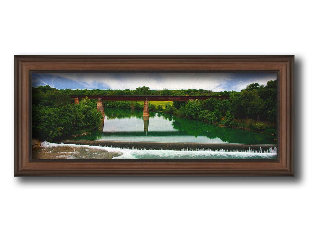 A panoramic photograph of the Faust Street Bridge in Texas, one of the largest remaining 19th century bridges by the King Bridge Company. Printed on canvas and framed.