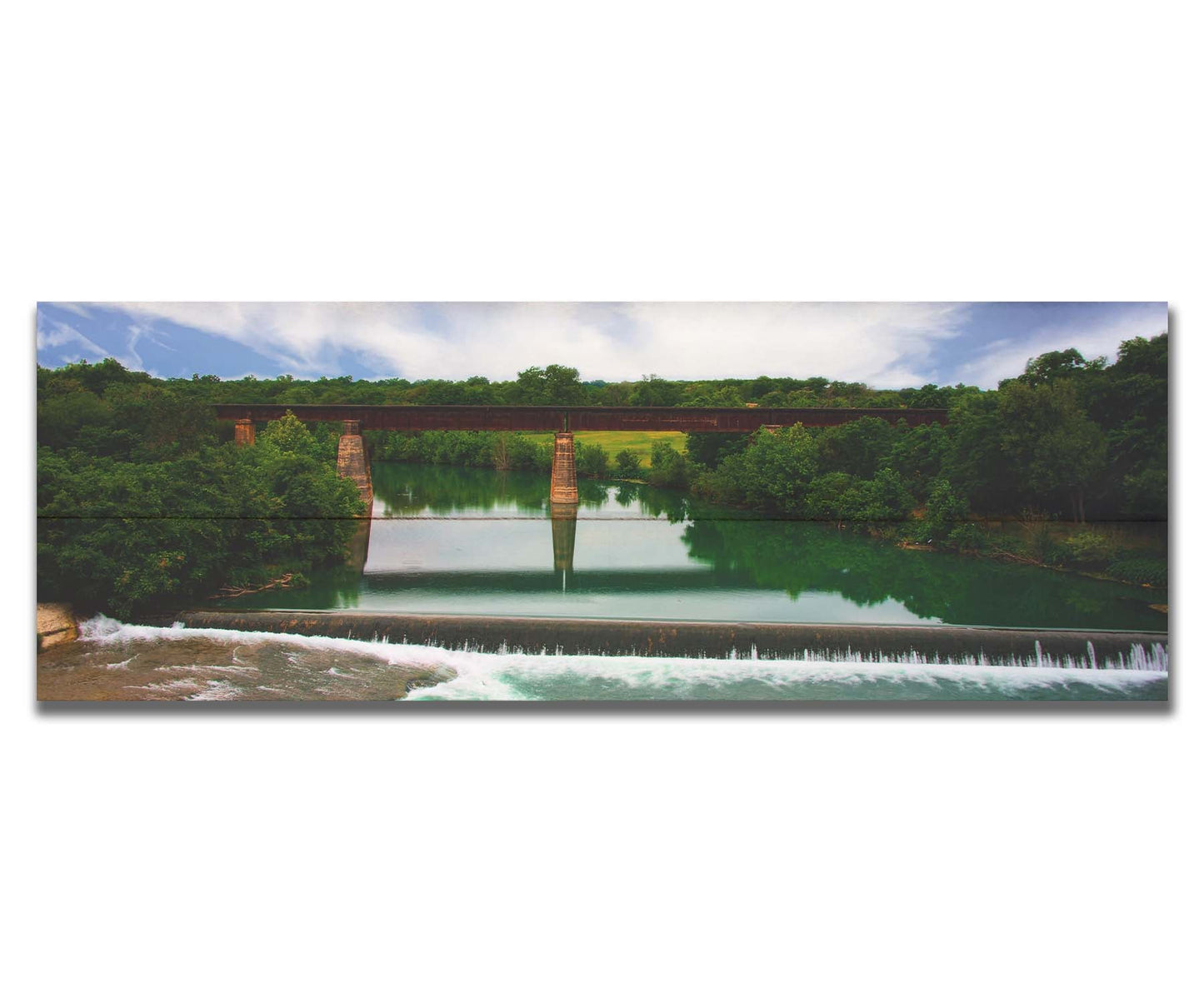 A panoramic photograph of the Faust Street Bridge in Texas, one of the largest remaining 19th century bridges by the King Bridge Company. Printed on a box board.