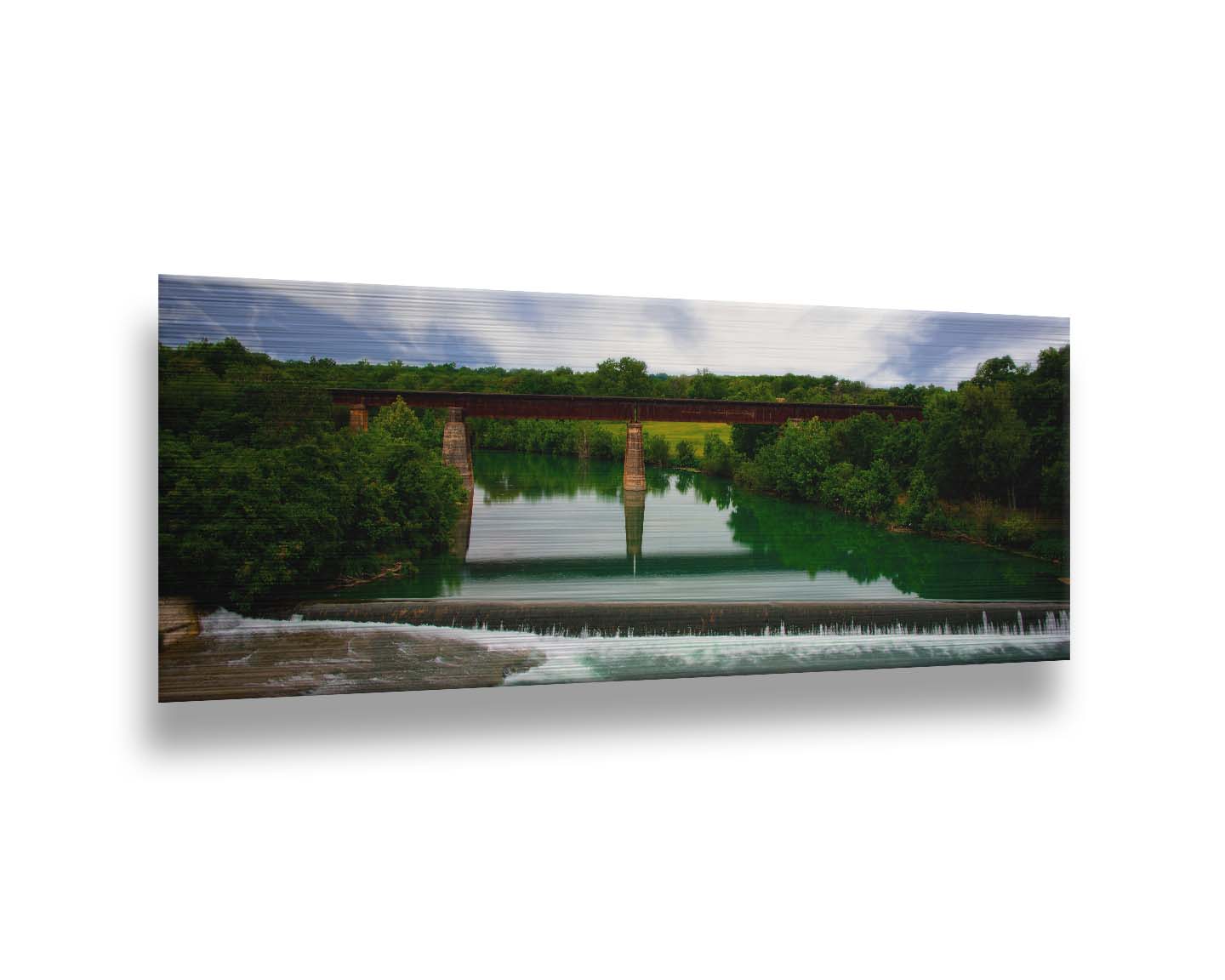 A panoramic photograph of the Faust Street Bridge in Texas, one of the largest remaining 19th century bridges by the King Bridge Company. Printed on metal.