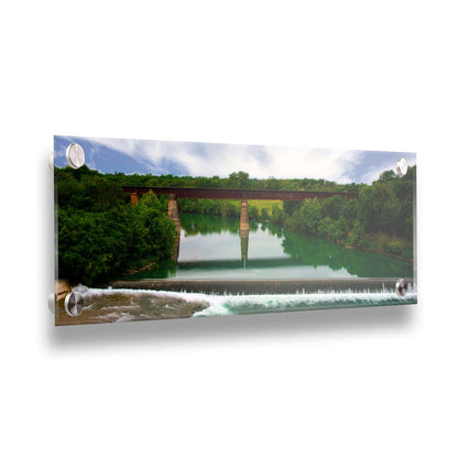 A panoramic photograph of the Faust Street Bridge in Texas, one of the largest remaining 19th century bridges by the King Bridge Company. Printed on acrylic.