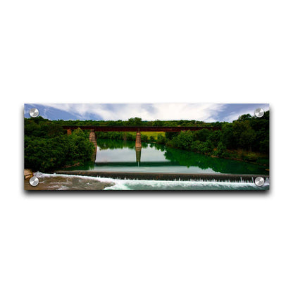 A panoramic photograph of the Faust Street Bridge in Texas, one of the largest remaining 19th century bridges by the King Bridge Company. Printed on acrylic.