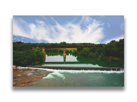 A panoramic photograph of the Faust Street Bridge in Texas, one of the largest remaining 19th century bridges by the King Bridge Company. Printed on canvas.