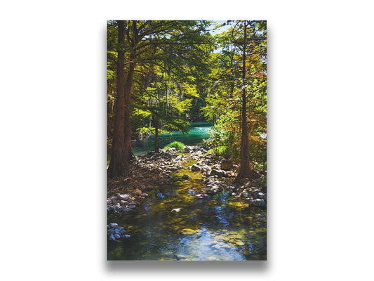 A photograph of the Guadalupe River in Gruene, Texas. Trees and foliage thrive around the water source, creating a lush green scene. The river reflects a vibrant turquoise behind the trees. Printed on canvas.