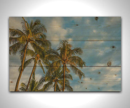 A photograph looking up at a group of palm trees against a bright blue, partly cloudy sky. Printed on a wood pallet.