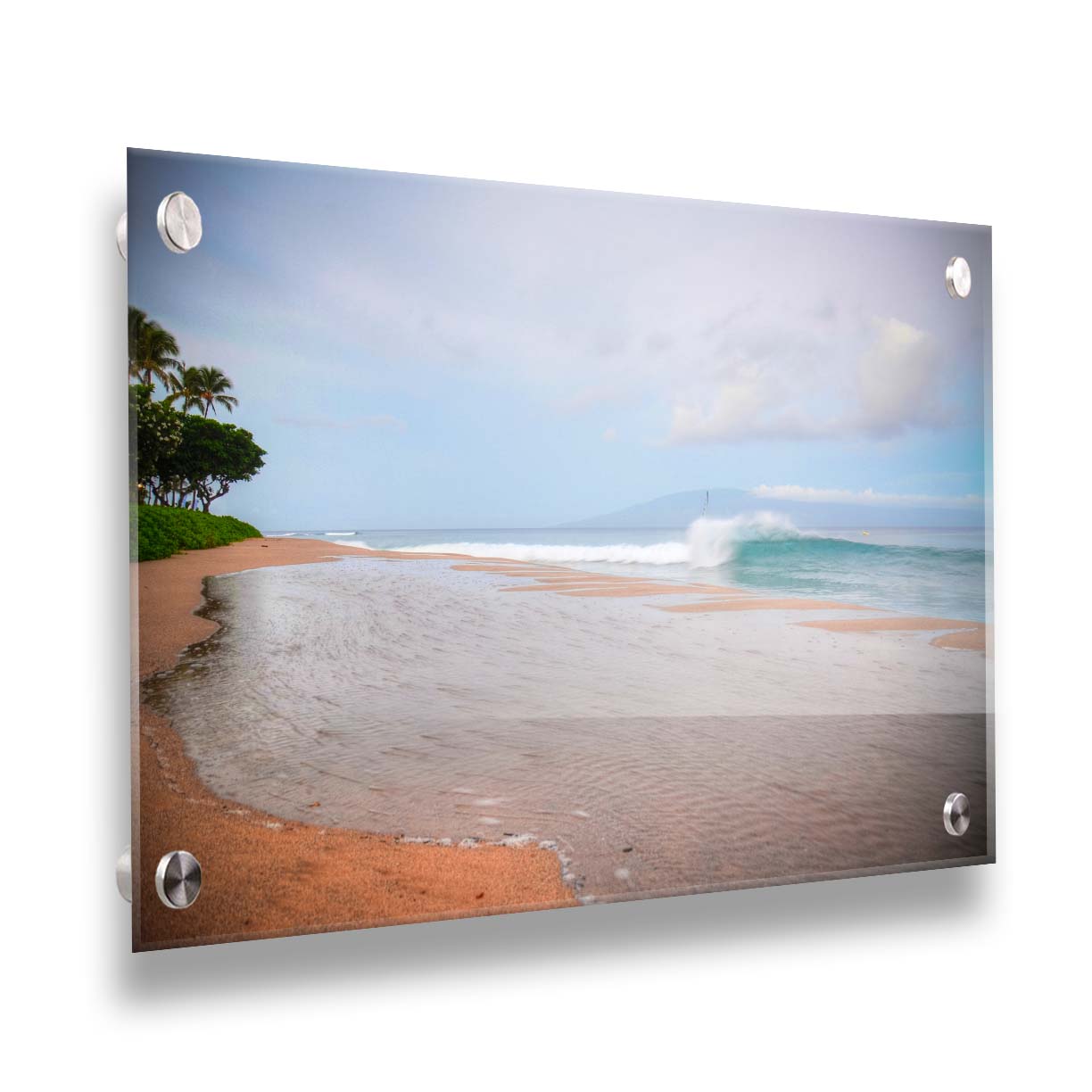 A refreshing photograph of Hawai'i's Ka'anapali beach, with cool blue waves rolling onto shore and mountains in the distance. Printed on acrylic.