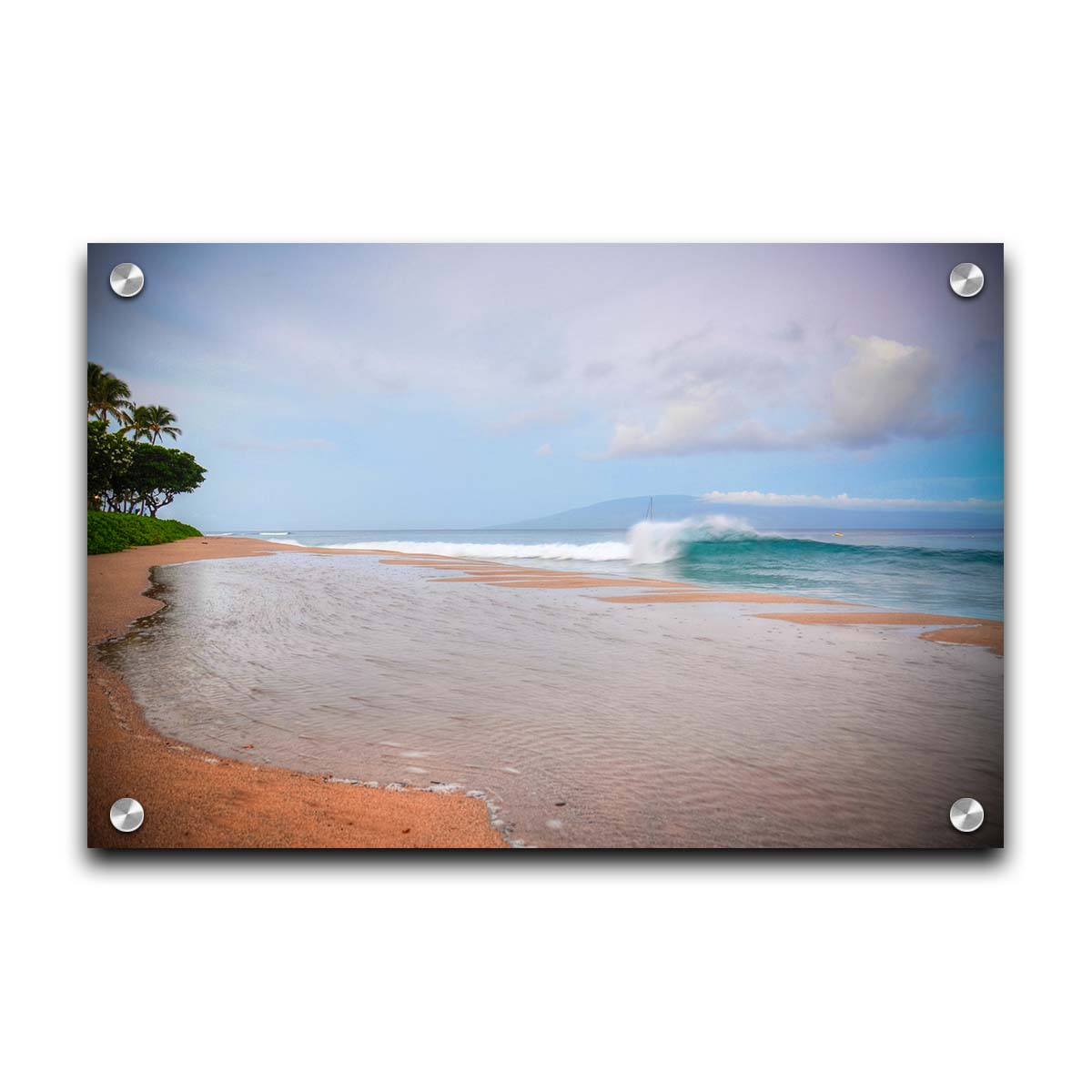 A refreshing photograph of Hawai'i's Ka'anapali beach, with cool blue waves rolling onto shore and mountains in the distance. Printed on acrylic.