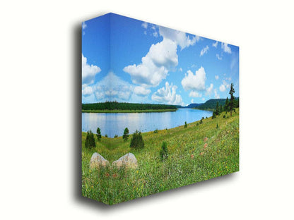 A photograph of Flagstaff, Arizona's Lake Mary twin lakes, surrounded by a vibrant meadow filled with yellow coneflowers on one side and an evergreen forest on the other. Printed on canvas.