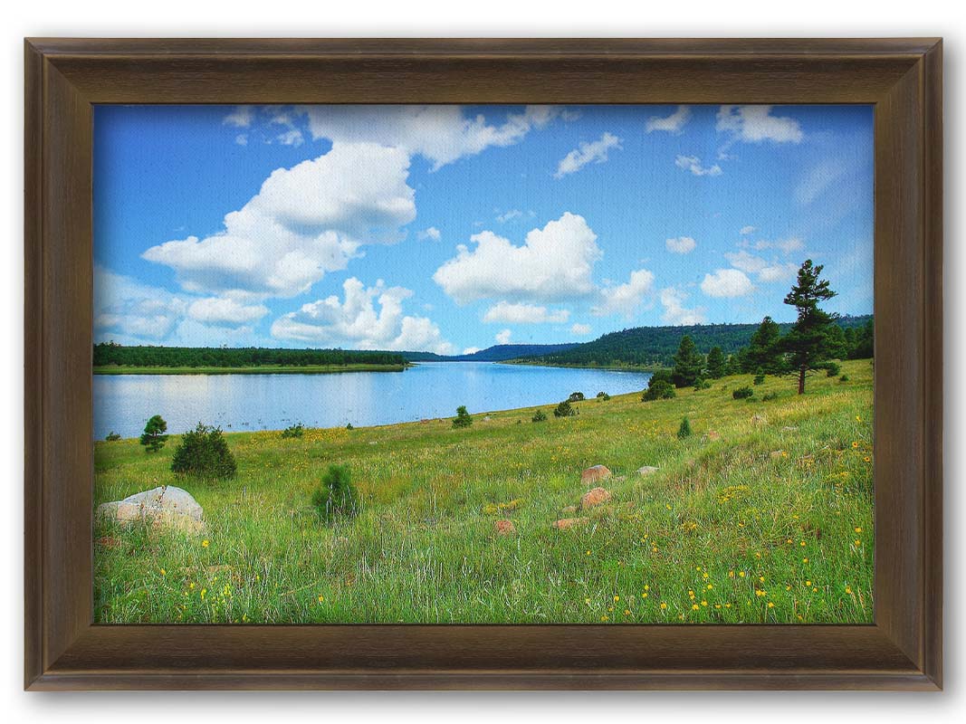 A photograph of Flagstaff, Arizona's Lake Mary twin lakes, surrounded by a vibrant meadow filled with yellow coneflowers on one side and an evergreen forest on the other. Printed on canvas and framed.