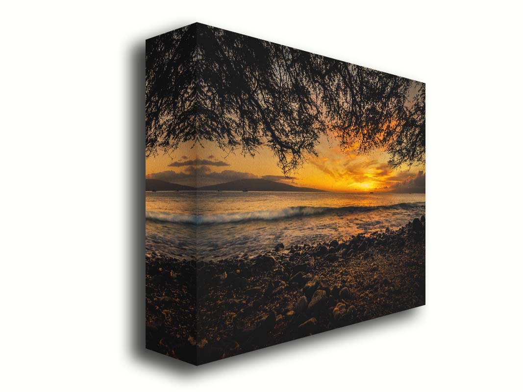 A photograph of the sunset over the ocean from Lāhainā in Maui, Hawaiʻi on a rocky beach, from underneath a tree. Printed on canvas.