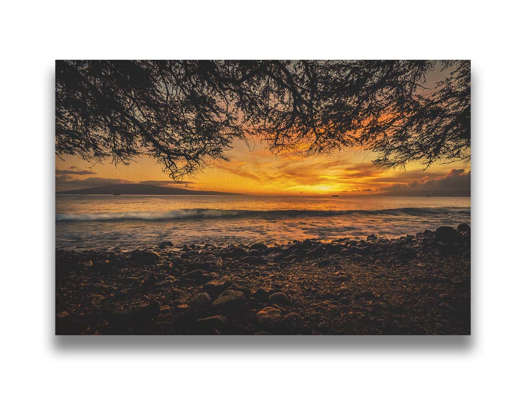 A photograph of the sunset over the ocean from Lāhainā in Maui, Hawaiʻi on a rocky beach, from underneath a tree. Printed on canvas.