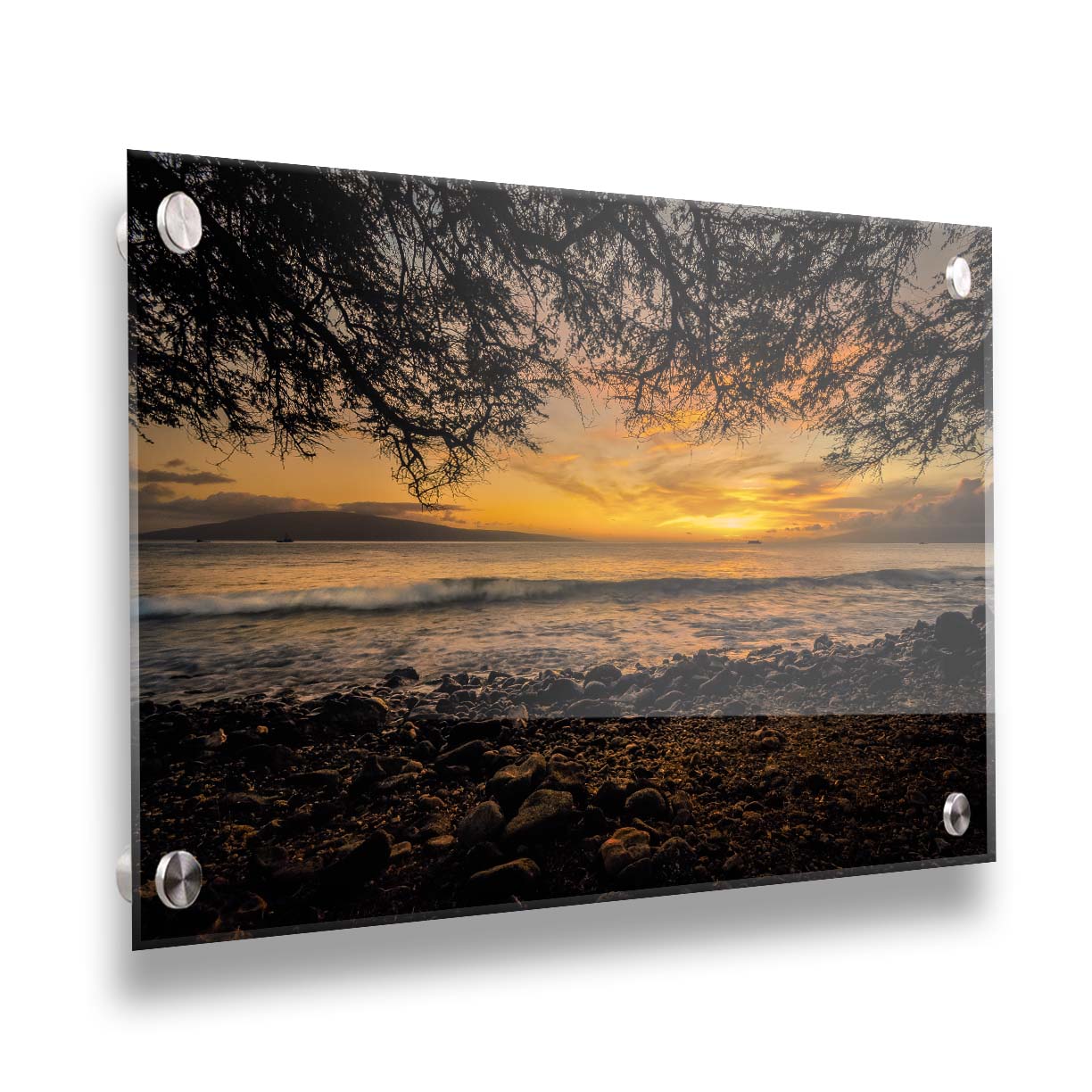 A photograph of the sunset over the ocean from Lāhainā in Maui, Hawaiʻi on a rocky beach, from underneath a tree. Printed on acrylic.