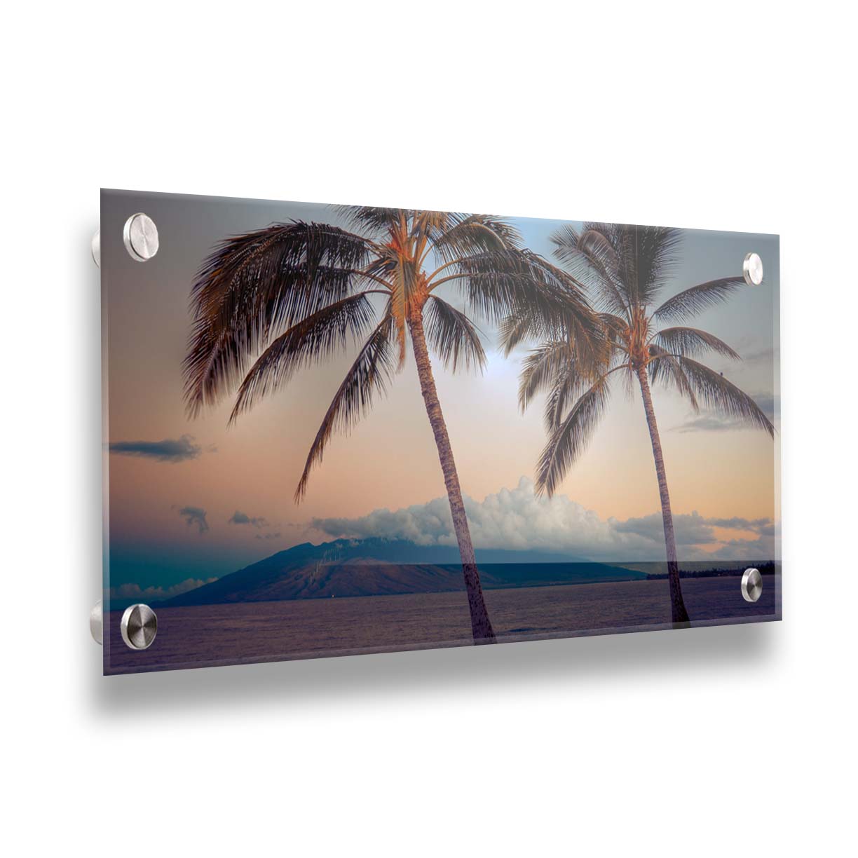 A photo of two palm trees in Maui at sunset, with the sea and cloud-topped mountains in the background. Printed on acrylic.