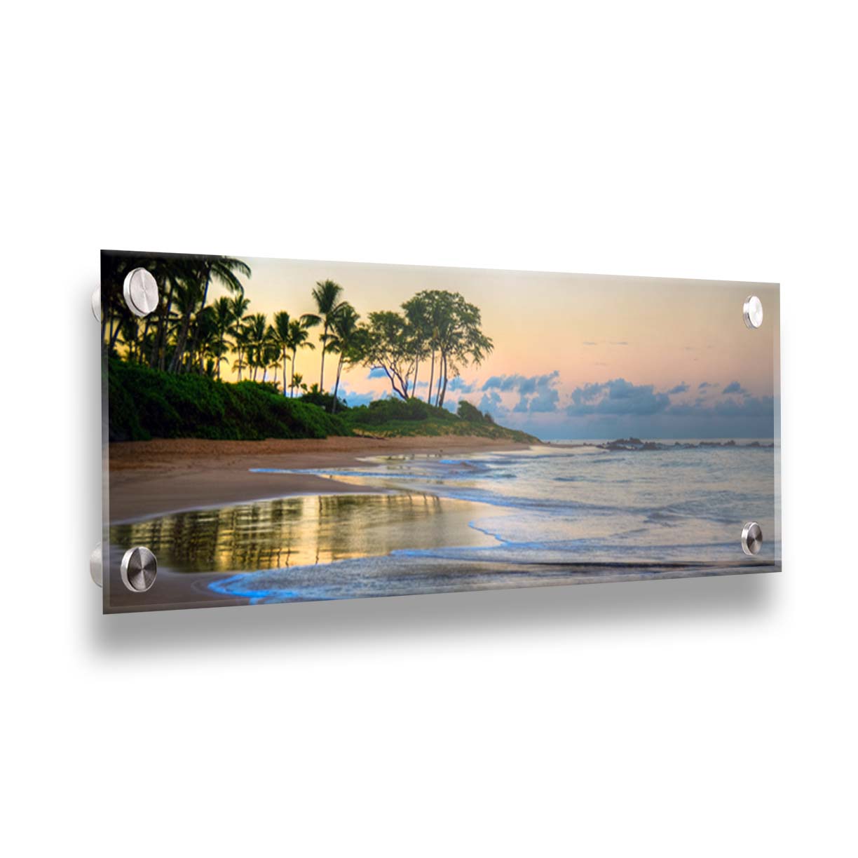 A photo of Keawakapu Beach at sunrise, with palms and mountains in the distance. Printed on acrylic.