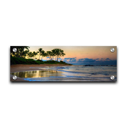 A photo of Keawakapu Beach at sunrise, with palms and mountains in the distance. Printed on acrylic.