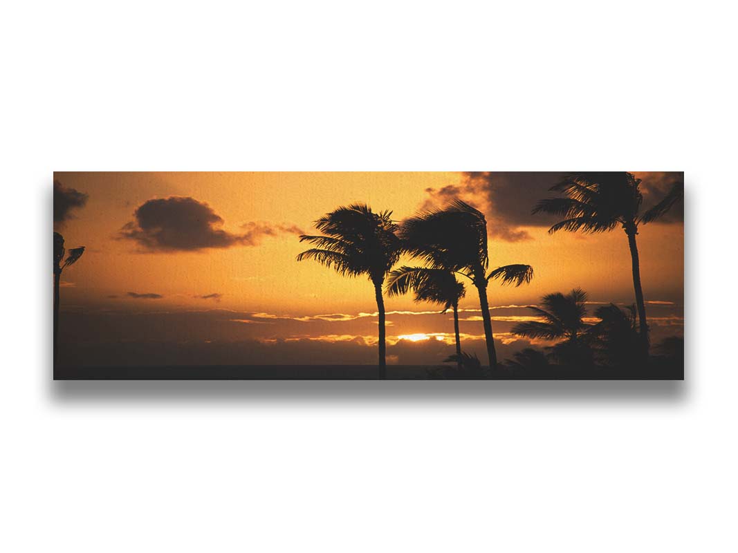 A photograph of an orange sunset over the sea, with striking palm trees silhouetted against the sky in Maui, Hawaiʻi. Printed on canvas.