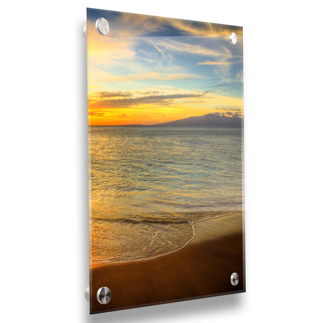 A photograph of a colorful sunset with a majestic mountain on the horizon, looking out over the sea on the coast of Maui, Hawaiʻi. Printed on acrylic.