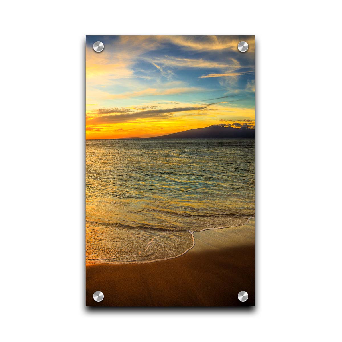 A photograph of a colorful sunset with a majestic mountain on the horizon, looking out over the sea on the coast of Maui, Hawaiʻi. Printed on acrylic.