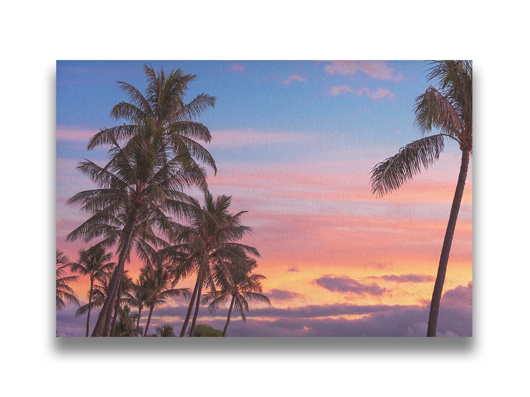 A photograph of Hawaiʻian palm trees, backed by a sunset sky in orange, pink, and blue. Printed on canvas.