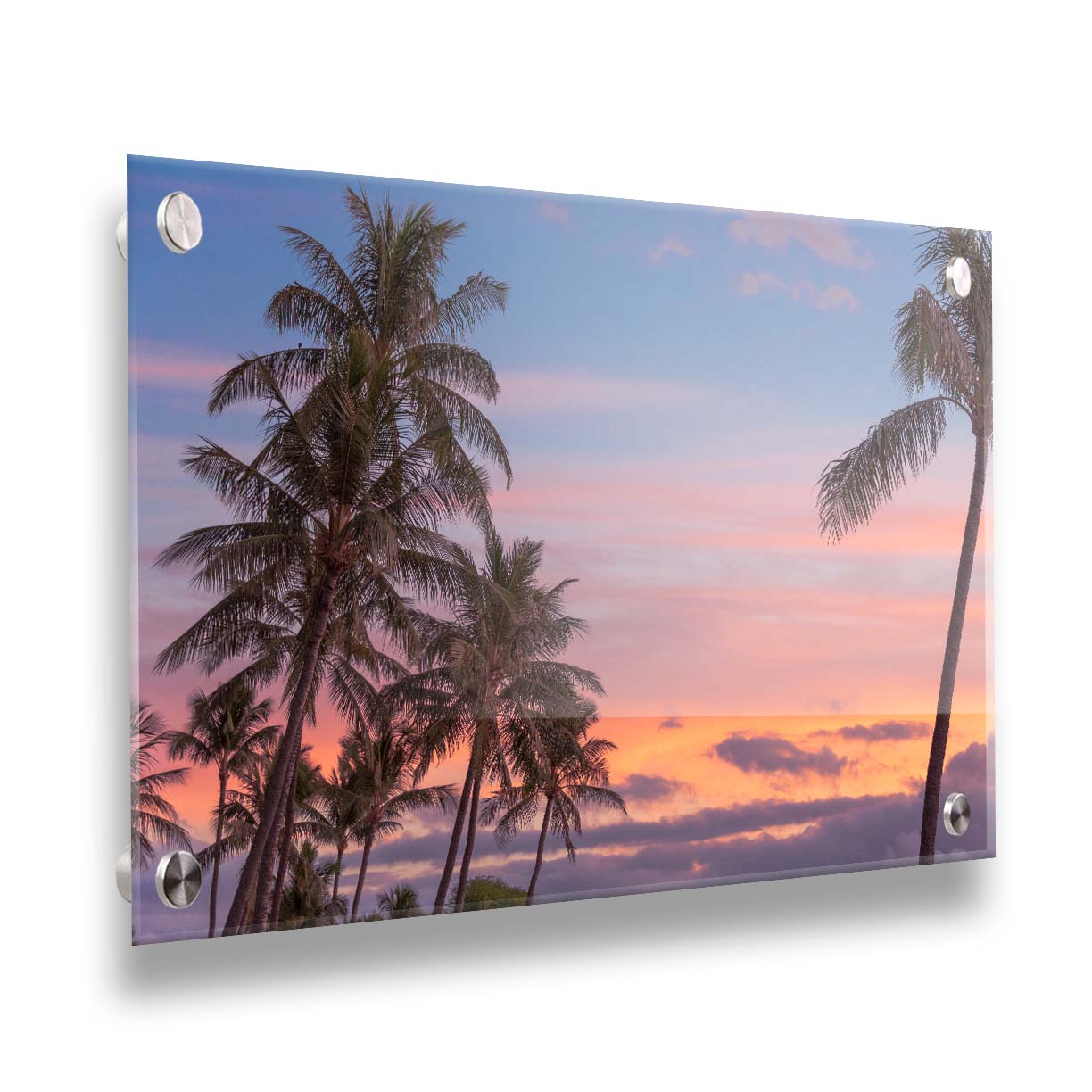 A photograph of Hawaiʻian palm trees, backed by a sunset sky in orange, pink, and blue. Printed on acrylic.