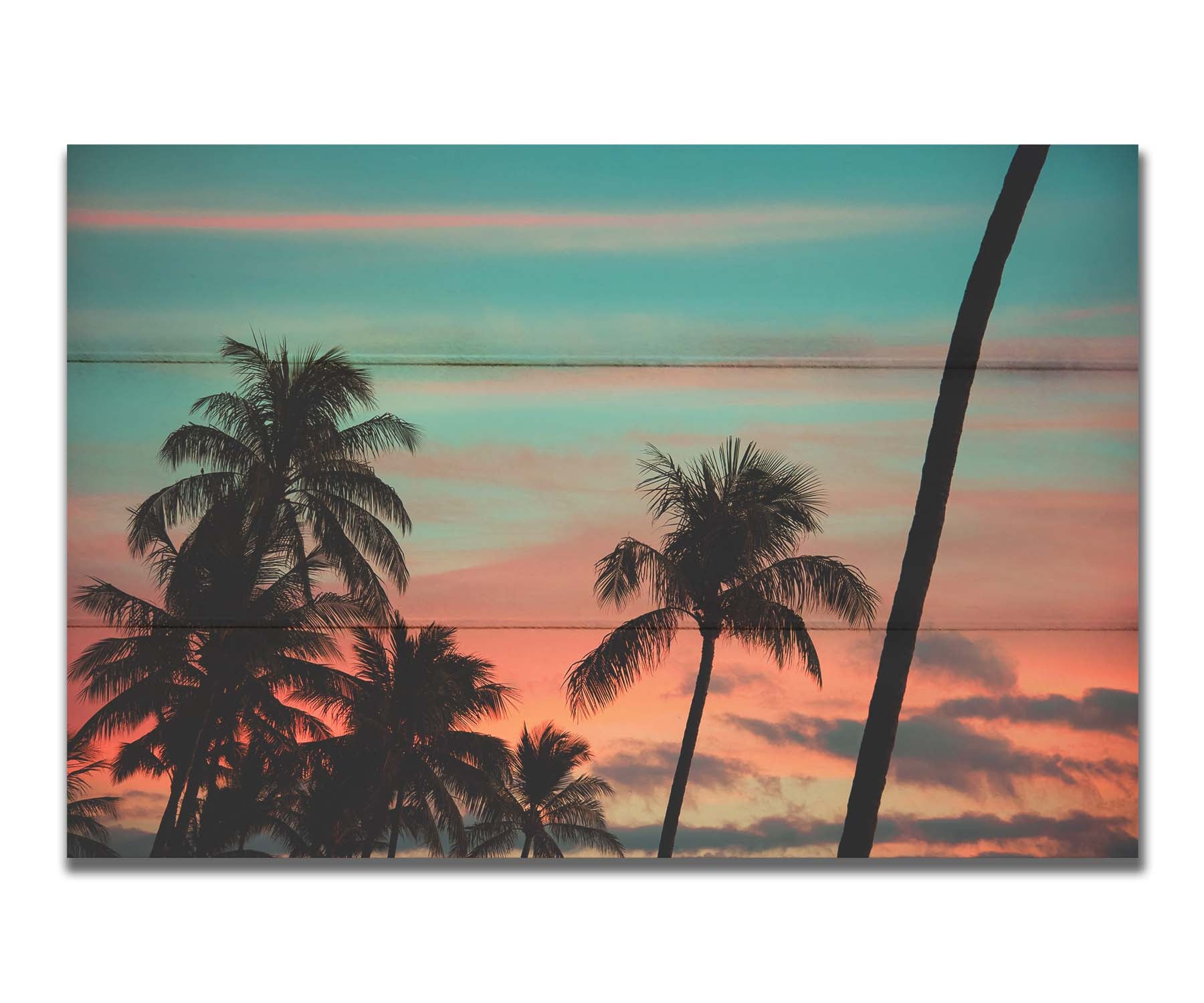 A photograph of Hawaiʻian palm trees, sihouetted against a sunset sky in orange, pink, and blue. Printed on a box board.