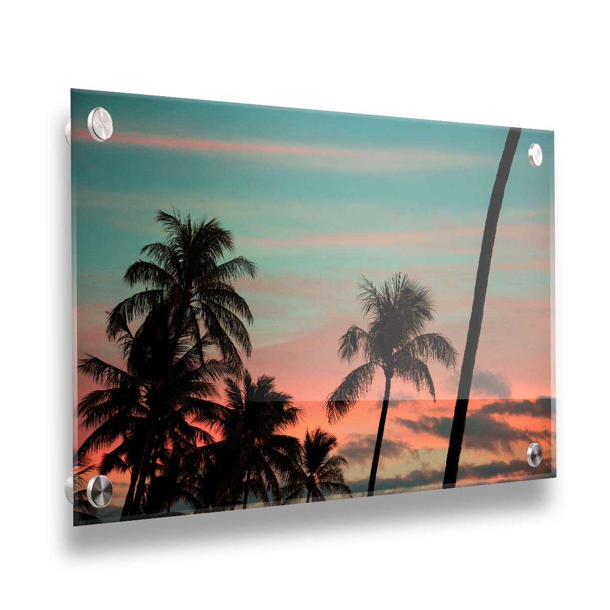 A photograph of Hawaiʻian palm trees, sihouetted against a sunset sky in orange, pink, and blue. Printed on acrylic.